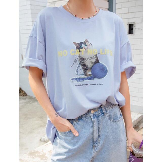 STYLENANDA(スタイルナンダ)の新品未使用✳︎韓国ファッション✳︎キャットプリントブルー半袖Tシャツ レディースのトップス(Tシャツ(半袖/袖なし))の商品写真