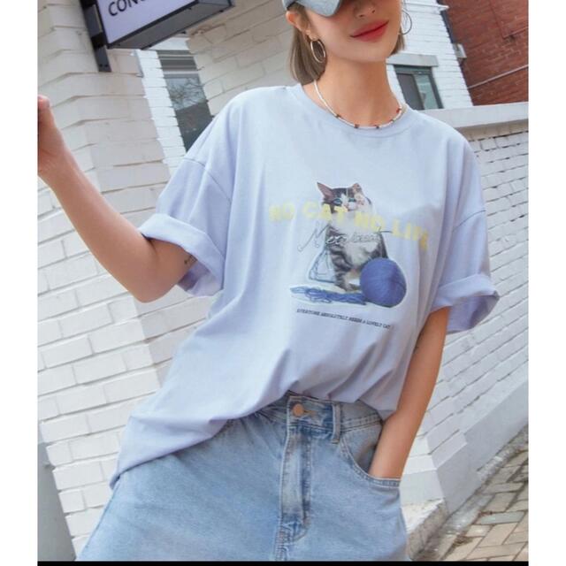 STYLENANDA(スタイルナンダ)の新品未使用✳︎韓国ファッション✳︎キャットプリントブルー半袖Tシャツ レディースのトップス(Tシャツ(半袖/袖なし))の商品写真