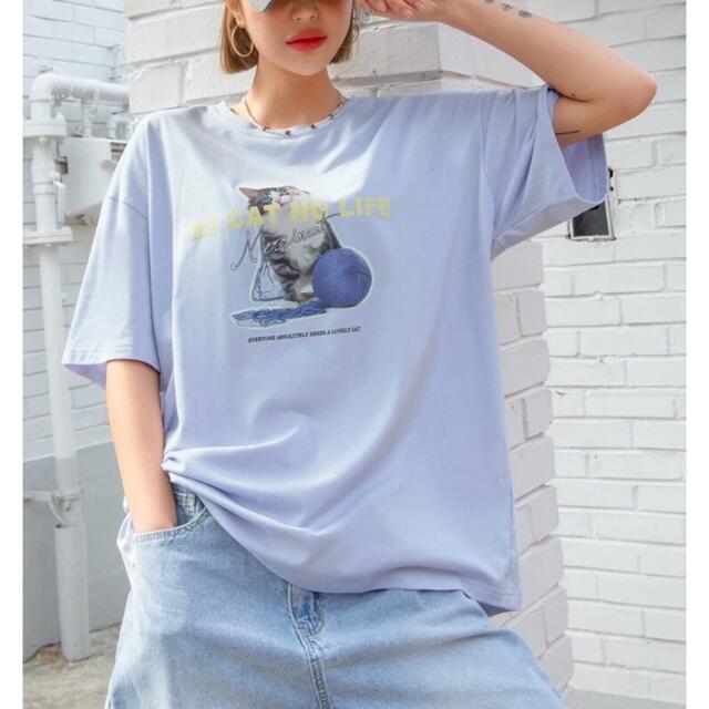 STYLENANDA(スタイルナンダ)の新品未使用✳︎韓国ファッション✳︎キャットプリントブルー半袖Tシャツ レディースのトップス(Tシャツ(半袖/袖なし))の商品写真