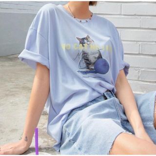 スタイルナンダ(STYLENANDA)の新品未使用✳︎韓国ファッション✳︎キャットプリントブルー半袖Tシャツ(Tシャツ(半袖/袖なし))