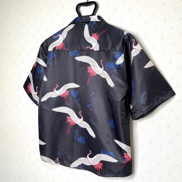 新品　オープンカラーシャツ　アロハ　鶴　半袖　和柄　レトロ　総柄　アメカジ　L