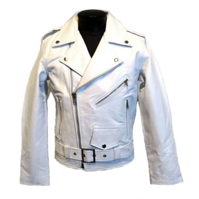 ライダースジャケット 本革 白 Mサイズ 牛革 カウレザー アメリカン ホワイト メンズのジャケット/アウター(ライダースジャケット)の商品写真