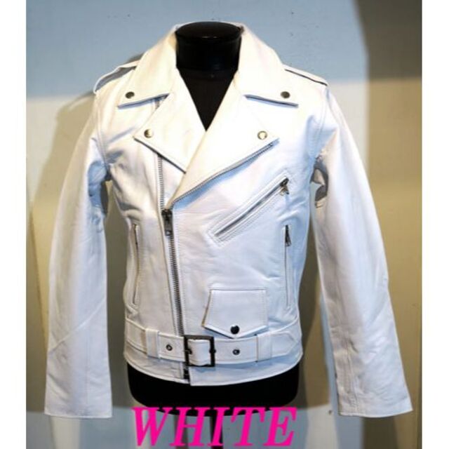 ライダースジャケット 本革 白 Mサイズ 牛革 カウレザー アメリカン ホワイト メンズのジャケット/アウター(ライダースジャケット)の商品写真