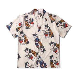 アロハシャツ、柄シャツ、開襟シャツ 和柄 刺繍 青 猫 虎 タイガー 総 ...