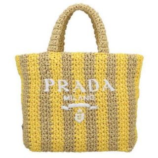 プラダ(PRADA)の日本未入荷カラー　PRADA ラフィア トートバッグ  ストライプ イエロー(トートバッグ)