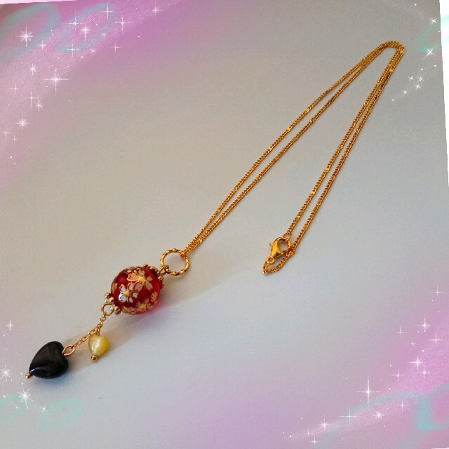 ✿とんぼ玉と天然石のネックレス✿《桜転写とんぼ玉・オニキス♡・猫目石♡》