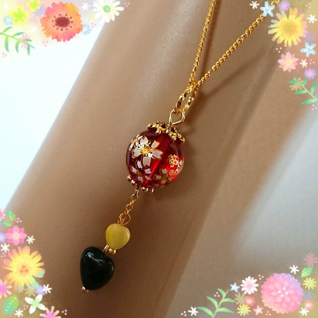 ✿とんぼ玉と天然石のネックレス✿《桜転写とんぼ玉・オニキス♡・猫目石♡》