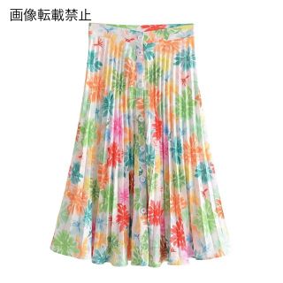 🌿5月新作🎏7950◆フロントボタン フラワー 花柄 プリーツ フレアスカート(ひざ丈スカート)