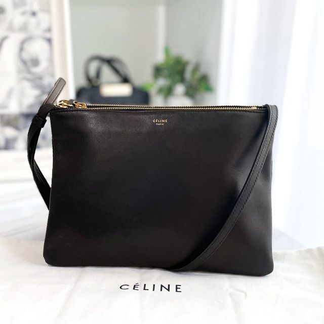 celine - 美品☆ セリーヌ トリオ ラージ 黒 レザー ショルダーバッグ