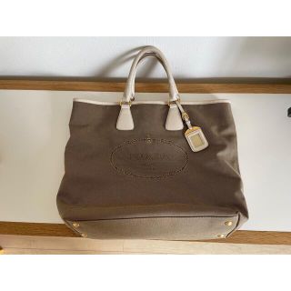 プラダ(PRADA)のPRADA ロゴジャガード トート キャンバス レザー ベージュ レディース(トートバッグ)