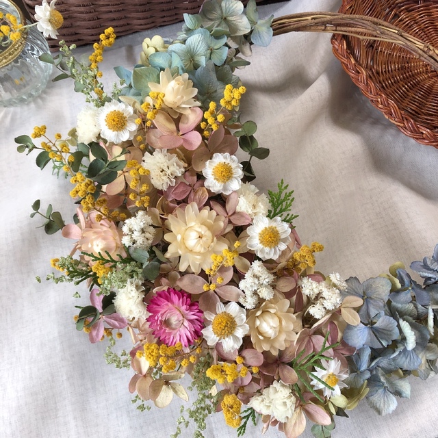 ミモザと紫陽花の春リース♡ドライフラワーリース♪母の日花リース