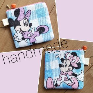 ディズニー(Disney)のハンドメイド チェック柄ミニーちゃん L字ファスナーサニタリーポーチ ミニポーチ(ポーチ)