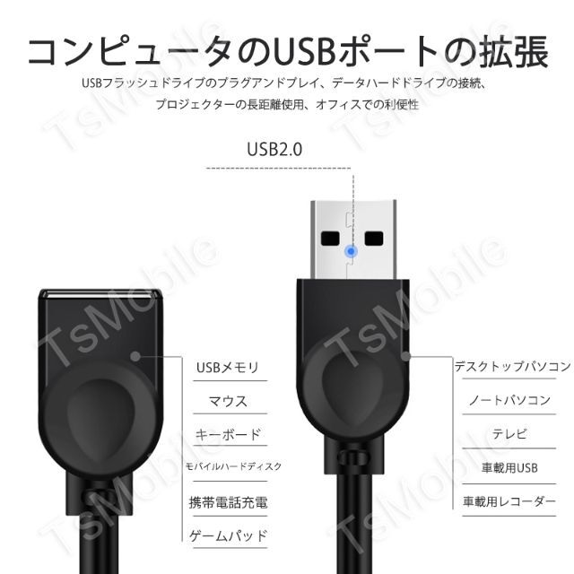 USB延長ケーブル 1m USB2.0 延長コード1メートル USB スマホ/家電/カメラのPC/タブレット(PC周辺機器)の商品写真