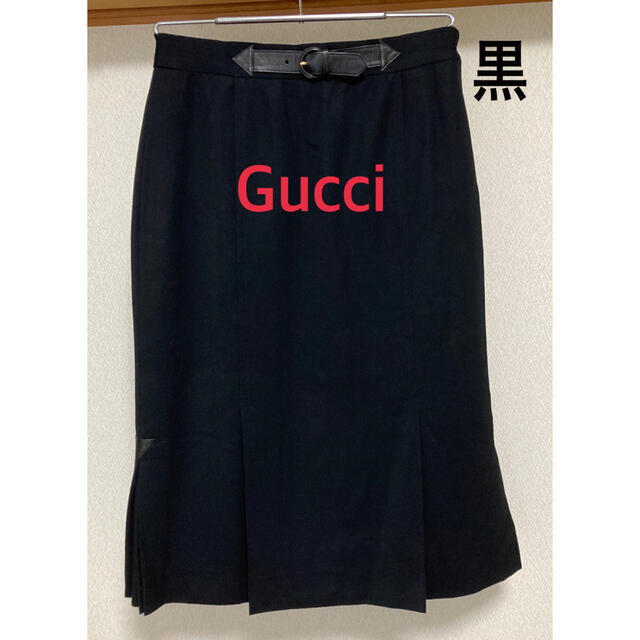 Gucci(グッチ)のイタリア製　グッチ　Gucci スカート　黒　本革付き レディースのスカート(ひざ丈スカート)の商品写真