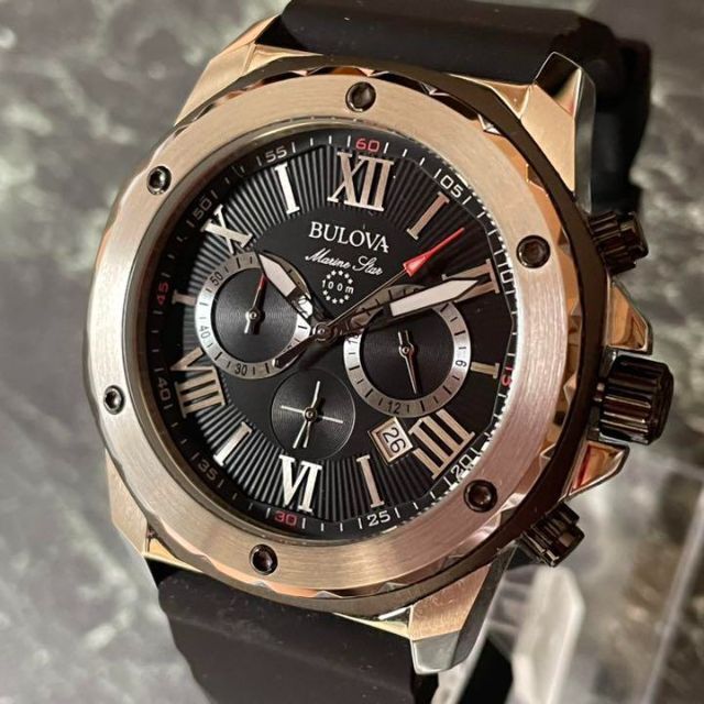 耐水性100m付属品【新品未使用】BULOVA/ブローバ マリンスター 男性腕時計 クロノグラフ　黒