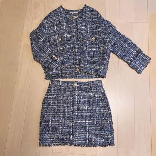 ザラ(ZARA)のザラzaraツイードジャケットスカート上下セット　ブルー　ゴールド(セット/コーデ)