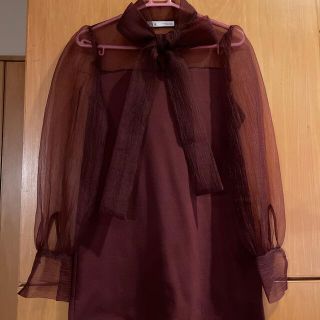 ザラ(ZARA)のZARA  オーガンジースリーブ　リボン　ワンピース　M相当(ミニワンピース)