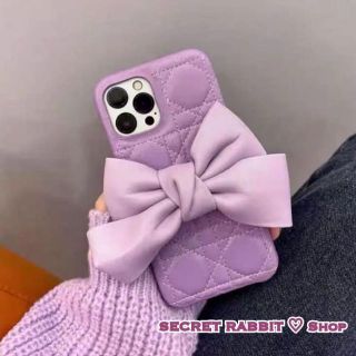 韓国デザイン♡大きめ　リボン　パープルハートチェーン iPhoneケース　紫　春(iPhoneケース)