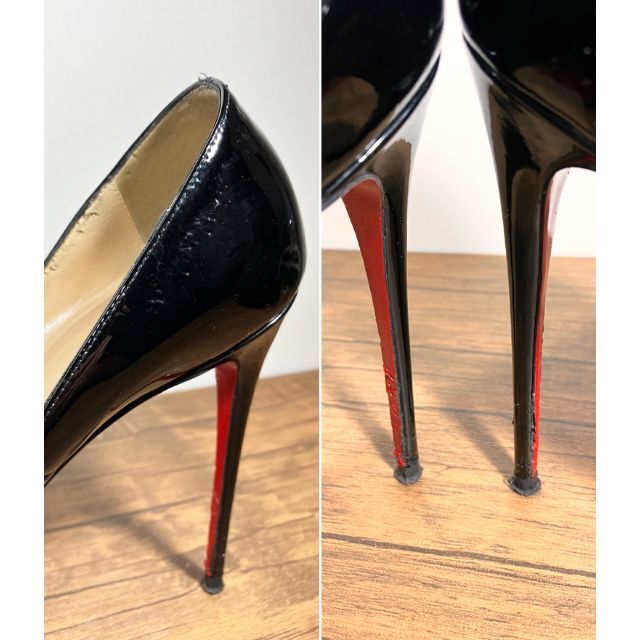 Christian Louboutin(クリスチャンルブタン)のクリスチャンルブタン エナメル オープントゥパンプス ブラック レッド レディースの靴/シューズ(ハイヒール/パンプス)の商品写真