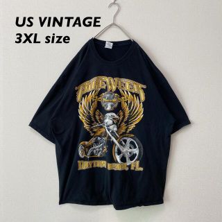 ギルタン(GILDAN)のUS古着　半袖Tシャツ　ビッグプリント　バイク　イーグル　黒色　3XLサイズ(Tシャツ/カットソー(半袖/袖なし))