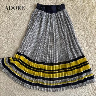 アドーア(ADORE)のADORE チェック&ボーダープリーツスカート ミモレ丈 イエロー 36サイズ(ロングスカート)