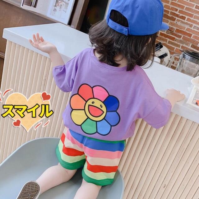 キッズセットアップ　ニコニコ向日葵 Tシャツ　ショートパンツ　夏服パープル90 キッズ/ベビー/マタニティのキッズ服女の子用(90cm~)(その他)の商品写真