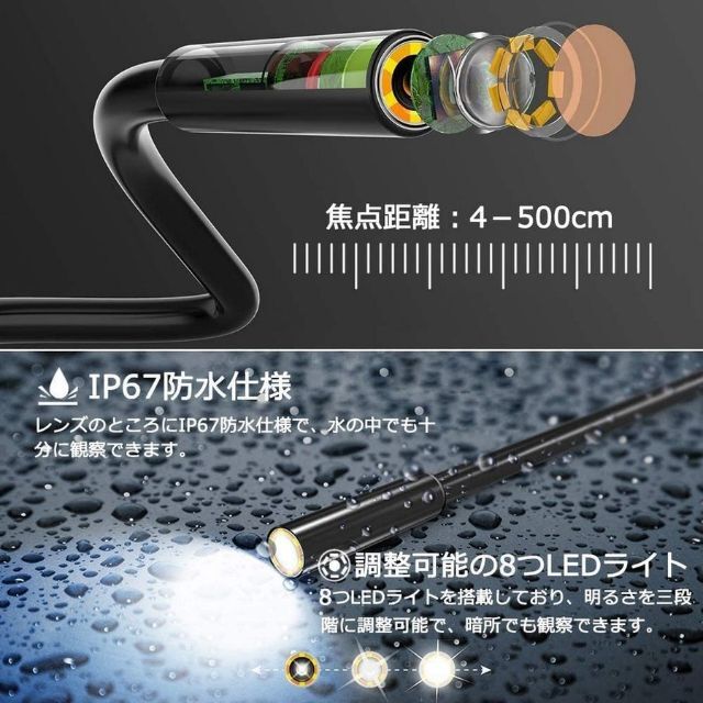 USB ファイバースコープ ブルー 内視鏡カメラ 200万画素 1080P高画質