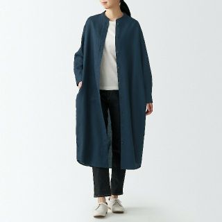 ムジルシリョウヒン(MUJI (無印良品))の■新品■無印良品フレンチリネン洗いざらしスタンドカラーワンピース／ダークネイビー(ひざ丈ワンピース)