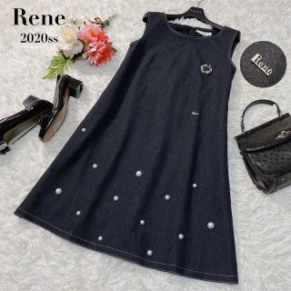 ルネ(René)の極美品✨ルネ　20ss デニムパールドレス　ロゴ　Aライン　膝丈　34（36）(ひざ丈ワンピース)