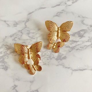 ハンドメイド　ブライダル　ゴールド　バタフライ　イヤリング　ピアス(ピアス)