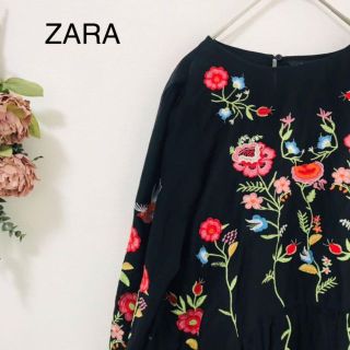 ザラ(ZARA)の【ZARA】ヴィンテージ花柄刺繍Ａラインワンピース黒　M.L 女優　レア(シャツ/ブラウス(長袖/七分))