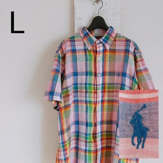 ラルフローレン(Ralph Lauren)のラルフローレン　マドラスチェック　半袖　シャツ　リネン　メンズ　L　ポニー刺繍(シャツ)