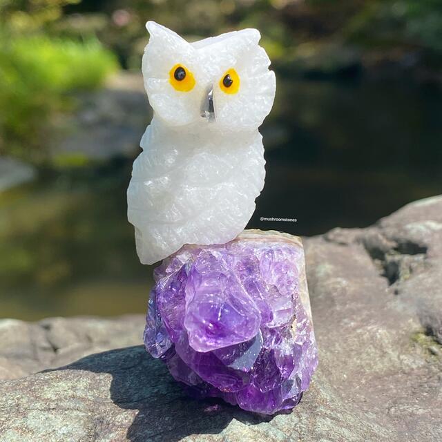 見事な アメジスト フクロウ パワーストーン 置物 オブジェ 幸運 天然石 紫水晶
