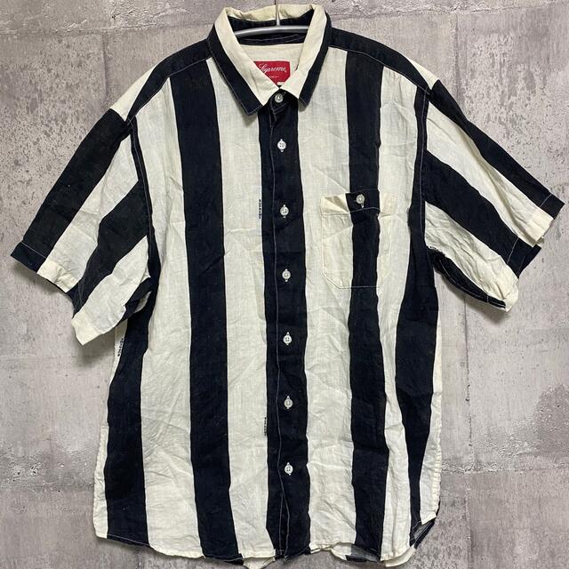 Supreme Wide Striped Shirt M 黒 リネン ストライプシャツ
