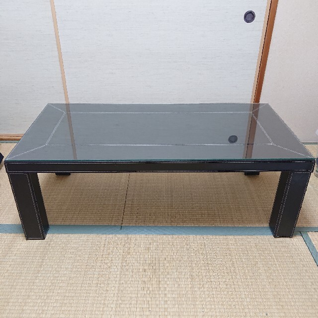 オールレザー 天板ガラス ブラック 黒 テーブル