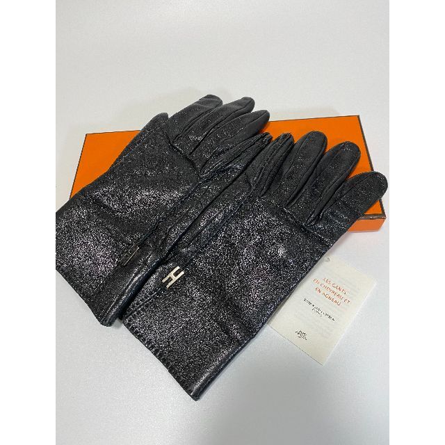 ☆美品☆HERMES エルメス レザーグローブ 黒 メドール金具 レザー手袋