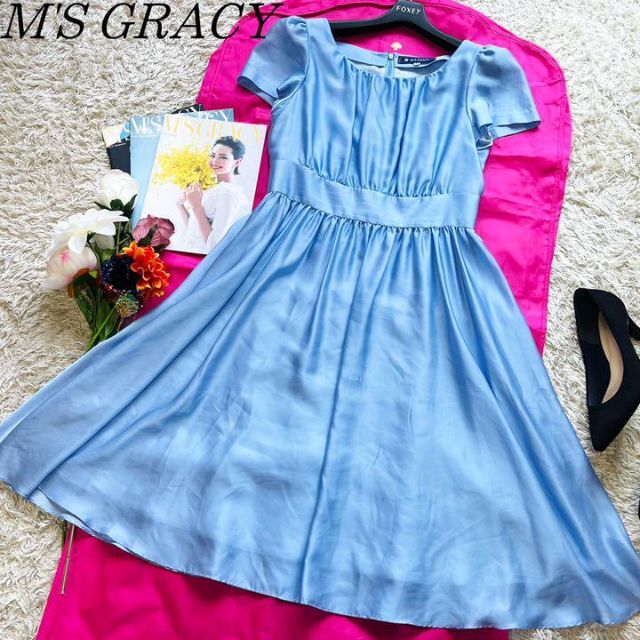 美品】M'S GRACY ライトブルーフレアワンピース 膝丈 半袖 40 - www