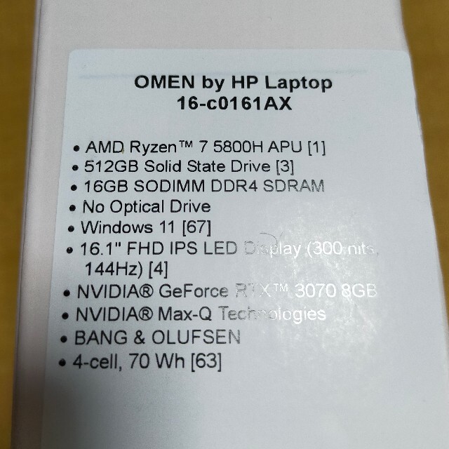 HP(ヒューレットパッカード)のHP ゲーミングノートPC Ryzen7/RTX3070搭載 新品未使用 スマホ/家電/カメラのPC/タブレット(ノートPC)の商品写真