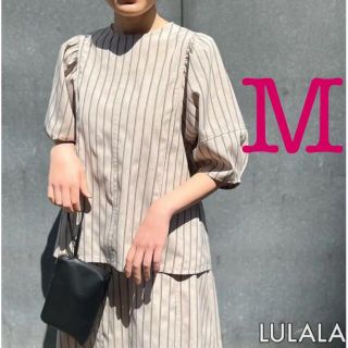 しまむら×LULALA スラブランタンブラウス　５分袖　ベージュ　M(シャツ/ブラウス(半袖/袖なし))