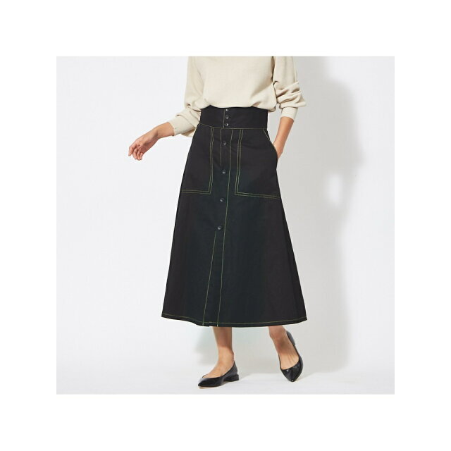 【ブラック】コットンラミーボタンフロントスカート