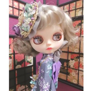 タカラトミー(Takara Tomy)の【夢人屋呉服店】ブライス　着物　ICY　紫陽花　麦わら帽子と刺繍帯の着物セット①(人形)