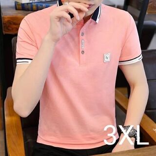 【3XL】シンプル おしゃれ ポロシャツ 半袖 メンズ カジュアル ピンク(ポロシャツ)