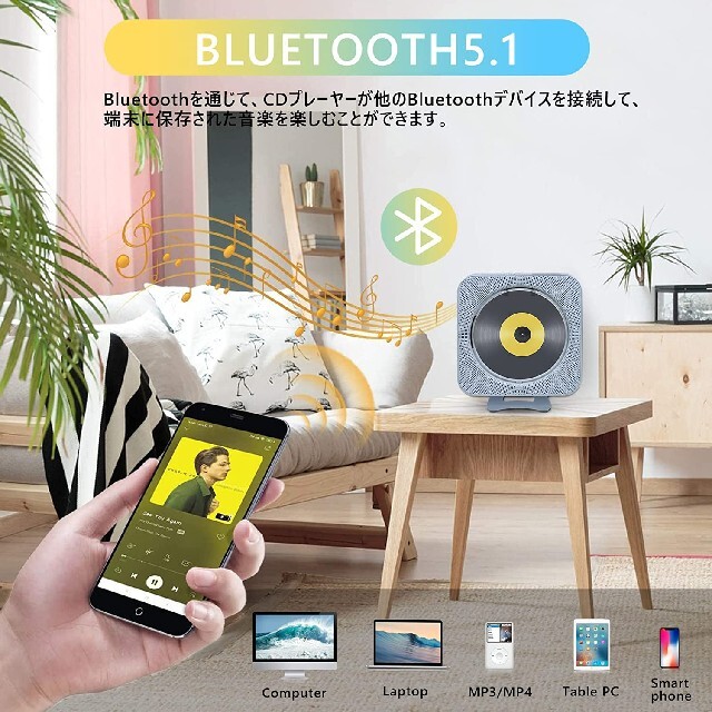 CDプレーヤー 壁掛け 置き式 CDラジカセ Bluetooth対応 コンパクト 2