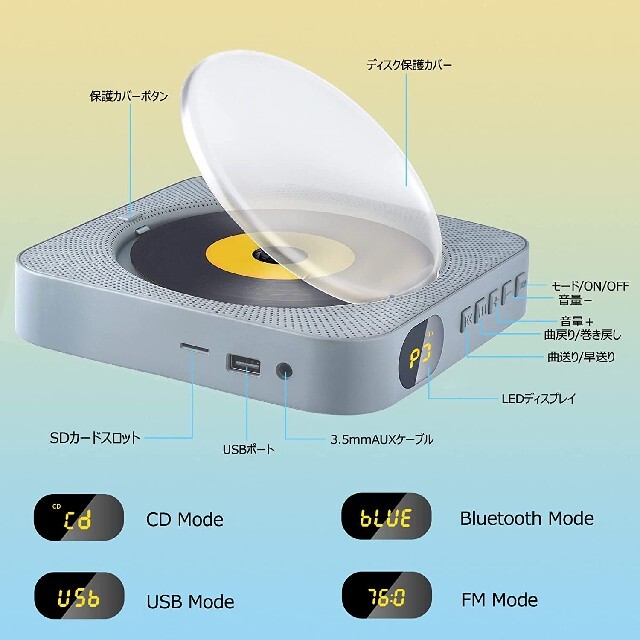 CDプレーヤー 壁掛け 置き式 CDラジカセ Bluetooth対応 コンパクト 6