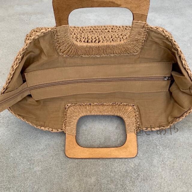 ウッド ハンドル ストロー バッグ カジュアル 麻 リネン風 茶 ハンドバッグ レディースのバッグ(ハンドバッグ)の商品写真