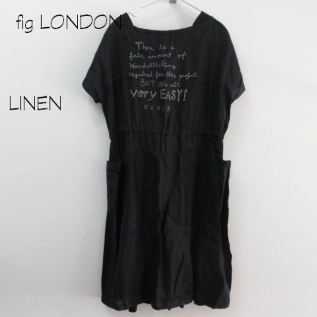 fig LONDON フィグロンドン　麻綿　英字刺繍　ワンピース　Fサイズ　黒