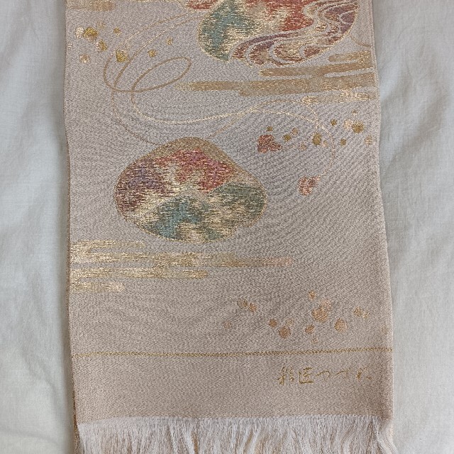 未仕立　金ベージュに貝刺繍　綴れ　正絹　袋帯