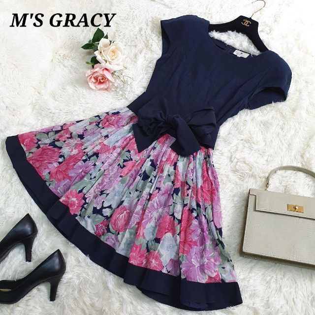 良品♡M’SGRACY ニットワンピース ツイード リボン 紺 38 M