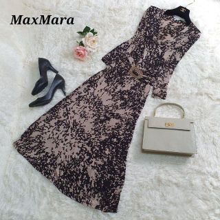 マックスマーラ(Max Mara)のマックスマーラ❤ロングワンピース 白タグ カシュクール 総柄 ストレッチ 38(ロングワンピース/マキシワンピース)