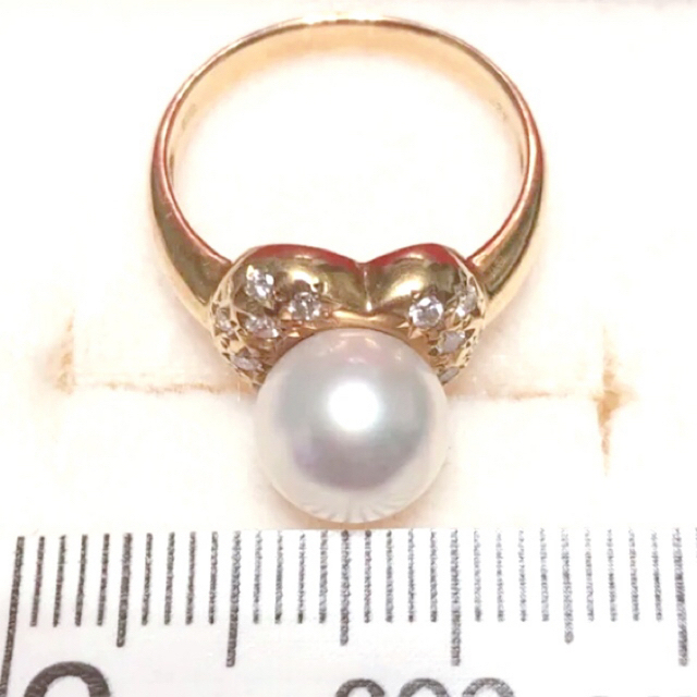 K18 本真珠約8mm ダイヤモンド0.27ct ハート型デザインリング ○美品-